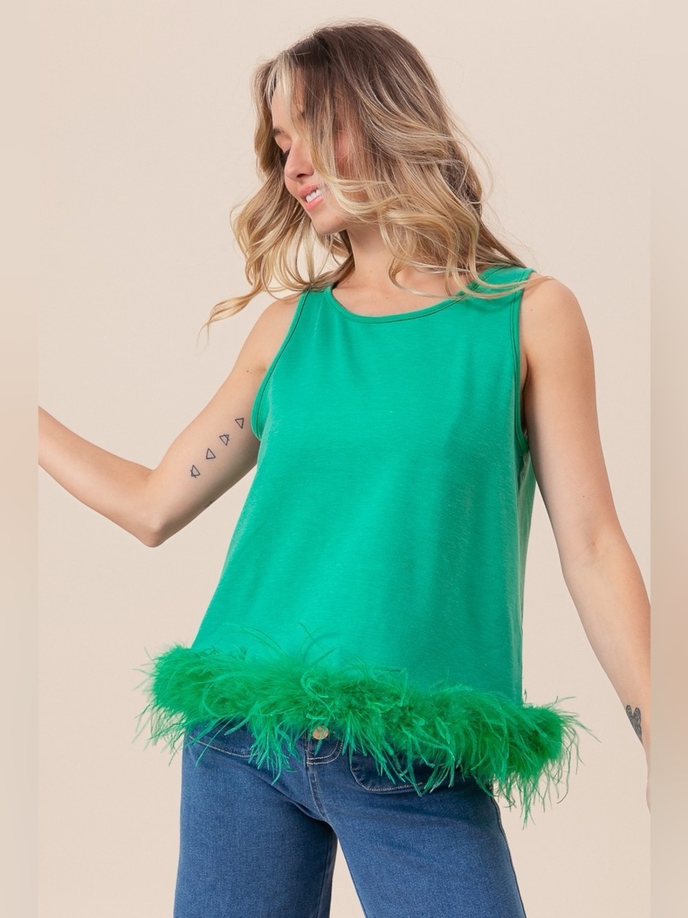 BiBi French Terry Faux Feather Bottom Back Tied Top